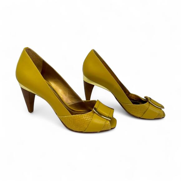 Klub Nico Women's Peep Toe Heels Size BZ 37 US 8 Mustard Yellow Square Buckle - Picture 9 of 13